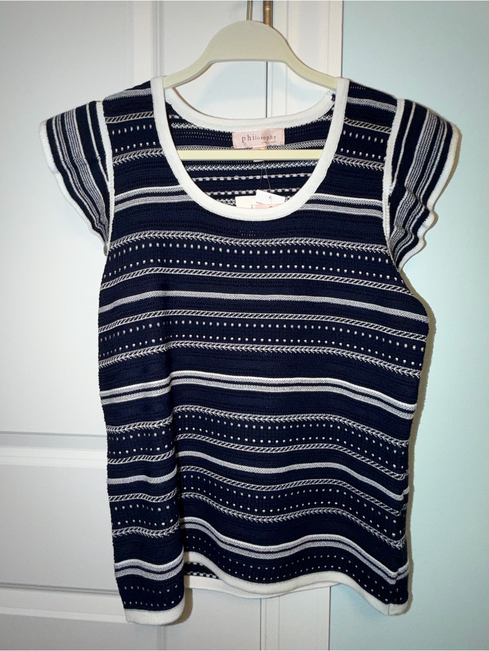 Philosophy navy and white striped knit tank with flutter cap sleeves